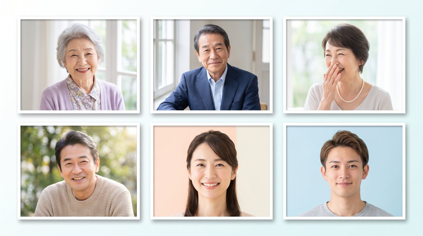 穏やかに笑う、さまざまな年代の人の写真が並んだイメージ
