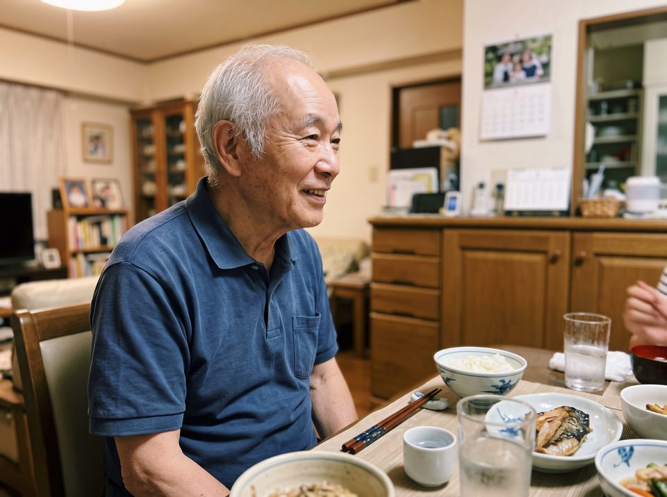 食卓で横を向いて笑う男性のスナップ写真